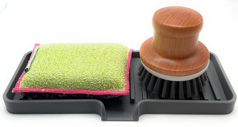 Happitasa Silicone Soap Dish Tray and Sponge Holder with Drain Chute | Bathroom and Kitchen Sink Organizer Caddy (Grey  9""x3.5""  5.6 Ounces) - Image 4